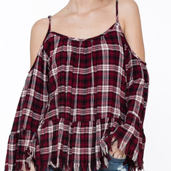 PLAID OFF SHOULDER RUFFLE DETAIL TOP - Picture 2 of 6
